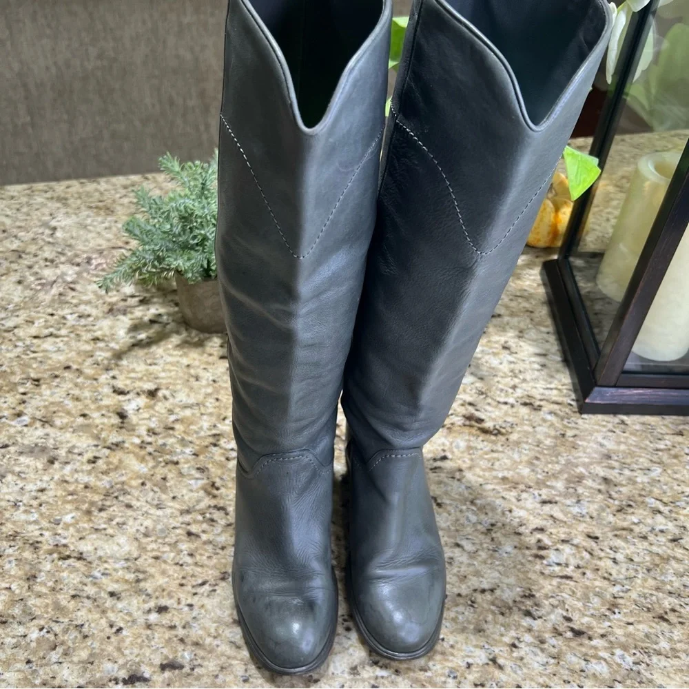 CHANEL Gray Interlocking CC Logo Leather Riding Boots 36.5